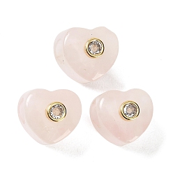 Cuarzo Rosa Natural aumentó de granos europeos de cuarzo, corazón cuentas grandes hoyos, con detalles de latón dorado micro pavé de circonita cúbica transparente, 12.5~13x13~14x12~13 mm, agujero: 5.5 mm