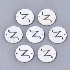 Letter Z Natural Freshwater Shell Links Connectors, Flat Round with Letter, Letter.Z, 14.5x1.5mm, Hole: 0.9mm