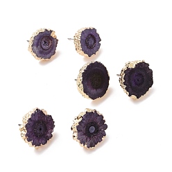 Dark Slate Blue Natural Dyed Quartz Stud Earrings, with Brass Findings, Flat Round, Golden, DarkSlate Blue, 14~22x14~22x5~6mm, Pin: 0.7mm