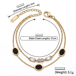 Black 304 Stainless Steel Crystal Rhinestone Rectangle & Acrylic Oval Link 2-strand Bracelets for Women, Golden, Black, 6.69 inch(17cm)
