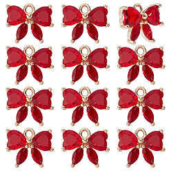 Красный 12шт. латунные стеклянные подвески, очарование бабочки, золотой свет, граненые, красные, 10x12x4 мм, отверстие : 1.4 мм