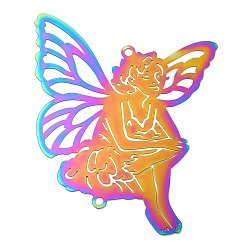 Rainbow Color 201 Stainless Steel Connector Charms, Angel Links, Rainbow Color, 60x55x0.2mm, Hole: 2mm