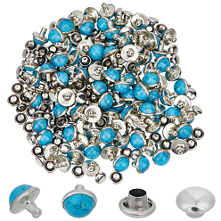 Темно-Голубой 100шт. латунь с заклепками из синтетической бирюзы, полукруглые заклепки, заклепки столкновения, плоско-круглые, платина, глубокое синее небо, 8.5x8.5 мм
