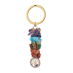 Tree of Life Alloy Enamel Pendant Keychain, 7 Chakra Gemstone Chip Pendant Keychain, Golden, Tree of Life, 8cm, Pendant: 53x17.5mm