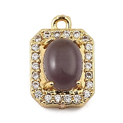 Purple Brass Micro Pave Clear Cubic Zirconia & Cat Eye Charms, Octagon Rectangle Charms, Rack Plating, Long-Lasting Plated, Cadmium Free & Lead Free, Real 18K Gold Plated, Purple, 14.5x10x6mm, Hole: 1.2mm