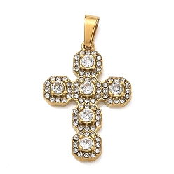 Golden 304 Stainless Steel Rhinestone Pendants, Cross Charms, with 201 Stainless Steel Bails, Ion Plating(IP), Golden, 26x18x3.5mm, Hole: 7x4mm