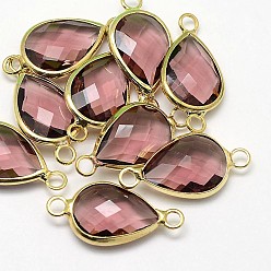 Розово-Коричневый Золотистые латунные стеклянные каплевидные соединители, розово-коричневый, 21x11x5 мм, отверстие : 2 мм
