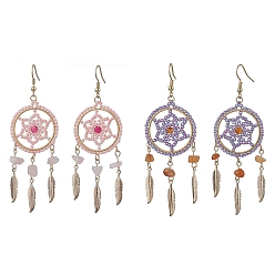 Mixed Color 304 Stainless Steel with Glass with Natural Agate   with Aventurine Dangle Stud Earring, Feather, Mixed Color, 84x30mm, 2pair/set