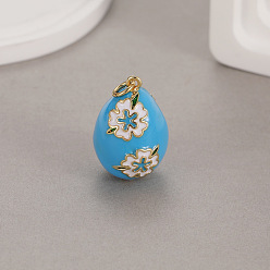 Deep Sky Blue Alloy Enamel Pendant, Easter Egg Charms, Deep Sky Blue, 22x14.4mm