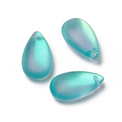 Aquamarine Glass Pendants, Frosted, Teardrop, Aquamarine, 15.5x8.8x5.5mm, Hole: 1mm