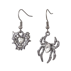 Черный Цвет Металла Серьги-подвески в виде паука и сердца из сплава со стразами, слева и справа, металлический черный , 33.5x16 мм и 43.5x21 мм