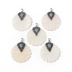 Freshwater Shell Natural Freshwater Shell Pendants, Flower Charms, with Platinum Plated Alloy Rhinestone Findings, Seashell Color, 48~50x45x4.5~6.5mm, Hole: 4x7mm
