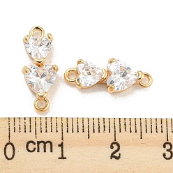 Real 18K Gold Plated Brass Pave Clear Cubic Zirconia Connector Charms, Double Heart Links, Real 18K Gold Plated, 17x7x4.3mm, Hole: 1.4 and 1.5mm