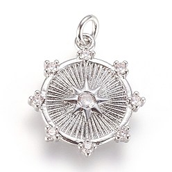 Платина Латунные микро проложить кубического циркония подвески, с целью перехода в кольце, плоские круглые со звездой, прозрачные, платина, 18x16x2 мм, отверстие : 2.5 мм