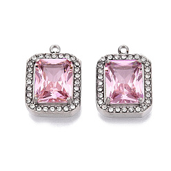 Pink Hochglanzpolierte Edelstahlanhänger, mit Glas Strass, Rechteck Reize, rosa, 304 mm, Bohrung: 16x11.5x4.5 mm