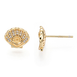 Real 18K Gold Plated 925 Sterling Silver Micro Pave Cubic Zirconia Stud Earring Findings, with Peg Bails, for Half Drilled Beads, Shell/Scallop Shape, Nickel Free, with S925 Stamp, Real 18K Gold Plated, 10x10.5mm, Pin: 0.7mm(for Half Drilled Beads), Pin: 0.8mm