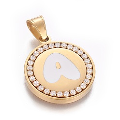 Letter A 304 Stainless Steel Enamel Pendants, with Cubic Zirconia, Flat Round with Letter, Golden, Clear, Letter.A, 29x25x3mm, Hole: 5.5x8.5mm