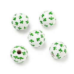 Белый Набивные деревянные европейские бусины, бусы ко дню святого патрика, круглый с клеверным рисунком, белые, 15.5~16 мм, отверстие : 4~4.5 мм