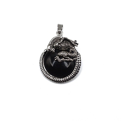 Black Stone Natural Blackstone Pendants, with Antique Silver Alloy Finding, Flat Round with Skull Charms, 40x35mm