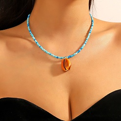 Светло-Голубой Летние пляжные натуральные ракушки подвески стеклянные бусины ожерелья для женщин, платина, Небесно-голубой, 15.35 дюйм (39 см)