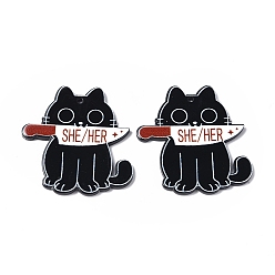 Black Pride She/Her Acrylic Pendants, Cat with Knife Charms, Black, 41.5x40.5x2mm, Hole: 1.5mm