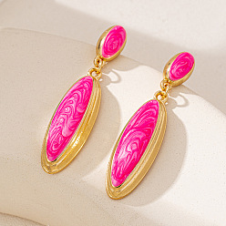 Темно-Розовый Литые эмаль болтаться серьги стержня, овальные, золотые, темно-розовыми, 65x15 мм