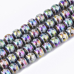 Colorful Electroplate Glass Beads Strands, Round with Flower Pattern, Colorful, 8x7.5mm, Hole: 1.2mm, about 40pcs/strand, 11.8 inch