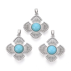 Синтетическая Бирюза Синтетические бирюзовые подвески, цветочные подвески с латунной оправой, платина, 25x23x5~6 мм, отверстие : 5x2.5 мм