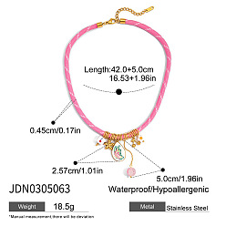 Темно-Розовый 304 подвеска в форме капли вишни из нержавеющей стали, эмали, фарфора и смолы, круглое ожерелье из хлопкового шнура, золотые, темно-розовыми, 16.54 дюйм (42 см)
