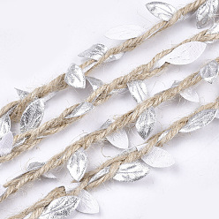 Silver Polyester Leaf Trim Ribbon, with Hemp Twine, for Wedding Party Home Decoration, Silver, 5~6x2~2.5mm, about 100m/bundle