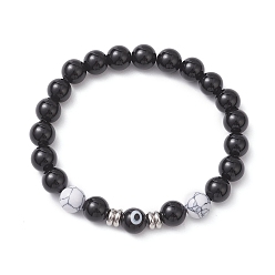 Смешанные камни Круглые эластичные браслеты из натурального черного оникса, синтетического хаулита и бусин лэмпворк для женщин, круглый и сглаз, бусины : 8 мм, внутренний диаметр: 2-3/8 дюйм (6 см)