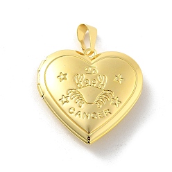 Рак Подвески латуни медальон, без свинца и без кадмия, долговечный, стойки покрытие, реальный 18 k позолоченный, сердце с двенадцатью созвездиями, рак, 29x28.5x7 мм, отверстие : 7.5x3.5 мм, внутренний диаметр: 20x21 мм