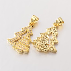Золотой Латунные микро проложить кубического циркония подвески, рождественская елка, без свинца и без никеля , золотые, 20x14x3 мм, отверстие : 4x3 мм