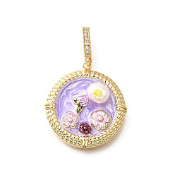 Лиловый Латунные подвески с микропаве из кубического циркония и эмали, плоский круглый с цветными чарами, с натуральным пресноводным жемчугом, без никеля , реальный 18 k позолоченный, сирень, 26.5x24.5x8.5 мм, отверстие : 6.5x4.5 мм