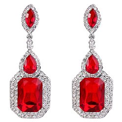 Красный Латунные горный хрусталь болтаться серьги, со стеклом, прямоугольные, цвет нержавеющей стали, красные, 60x23 мм