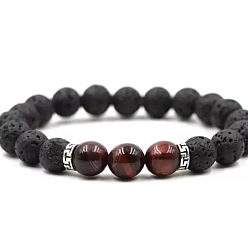 Tiger Eye 8MM Round Dyed Natural Red Tiger Eye and Natural Lava Rock Beaded Stretch Bracelets for Couples, 7.48 inch(19cm)