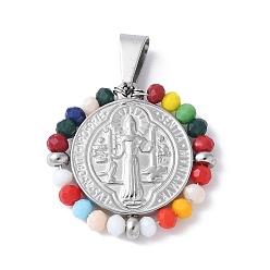 Разноцветный 304 подвески из нержавеющей стали, со стеклянными бусинами, плоский круглый с шалфеем, цвет нержавеющей стали, красочный, 27.5x28x3.5 мм, отверстие : 8x4 мм