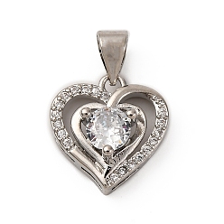 Платина Латунные микро проложить кубического циркония подвески, сердце прелести, долговечный, без кадмия и без свинца, стойки покрытие, платина, 14x13.5x5.5 мм, отверстие : 5x3.5 мм