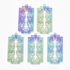 Rainbow Color Ion Plating(IP) 201 Stainless Steel Filigree Pendants, Etched Metal Embellishments,  Rectangle with Sugar Skull, For Mexico Holiday Day of The Dead, Rainbow Color, 45x22x0.4mm, Hole: 1.8mm