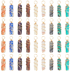 Смешанные камни 36 шт 9 стили подвески из натуральных и синтетических драгоценных камней, с медной проволокой золотого тона, обернутой, колонка прелести, смешанные окрашенные и неокрашенные, 18.5~20x5~5.5 мм, отверстие : 2.5 мм, 4 шт / стиль