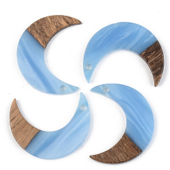 Cornflower Blue Opaque Resin & Walnut Wood Pendants, Moon, Cornflower Blue, 28x22x3mm, Hole: 2mm