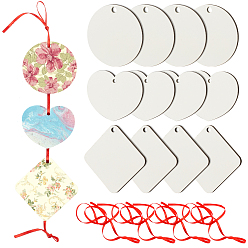 White Sublimation Wooden Blanks Hang Tag, for Transfer Heat Press Printing Crafts, Square & Round & Heart, White, 60x60x3.5mm, Hole: 4.8mm, Polyester Rope: 580x3.5x0.1mm, 15sets/bag