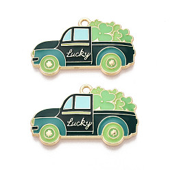 Темно-Зеленый Подвески из сплава с эмалью ко Дню Святого Патрика, автомобиль с подвесками в виде клевера, золотые, без кадмия, без никеля и без свинца, темно-зеленый, 20.5x33x2.5 мм, отверстие : 2 мм