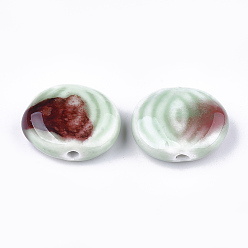 Medium Aquamarine Handmade Porcelain Beads, Fancy Antique Glazed Porcelain, Flat Round, Medium Aquamarine, 23~24x24~27x9~10mm, Hole: 3mm