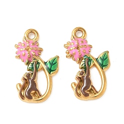 Pink 304 нержавеющей стальной эмали подвески, подвески в виде кошек и цветов, ионное покрытие (ip), золотые, розовые, 20x11x2.5 мм, отверстие : 1.6 мм