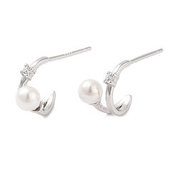 Платинированный 925 серьги-гвоздики из стерлингового серебра с микропаве из прозрачных кубических цирконий для женщин, с бусинами в виде бусин-имитаторов, Реальная платина, 18x5.5~6 мм