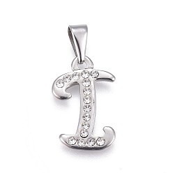 Letter I 304 Stainless Steel Pendants, with Rhinestone, Letter, Letter.I, 22.5x14.5x2mm, Hole: 3~3.5x7.5~8mm