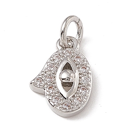 Platinum Brass Micro Pave Clear Cubic Zirconia Charms, with Open Jump Rings, Hand with Eye, Platinum, 11.2x7.7x2.5mm, Jump Ring: 4.5x0.7mm, Inner Diameter: 3mm 