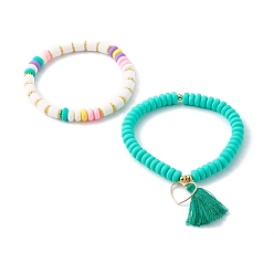Medium Turquoise Handmade Polymer Clay Beads Stretch Bracelets Sets, with Brass Beads & Pendants, with Tassels, Heart, Medium Turquoise, Inner Diameter: 2~2-1/8 inch(5.2~5..5cm), 2pcs/set