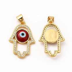 FireBrick Rack Plating Brass Micro Pave Clear Cubic Zirconia Pendants, with Handmade Evil Eye Lampwork, Cadmium Free & Lead Free, Long-Lasting Real 18K Gold Plated, Hamsa Hand Charm, FireBrick, 25.5x17x4mm, Hole: 5.5x3.5mm
